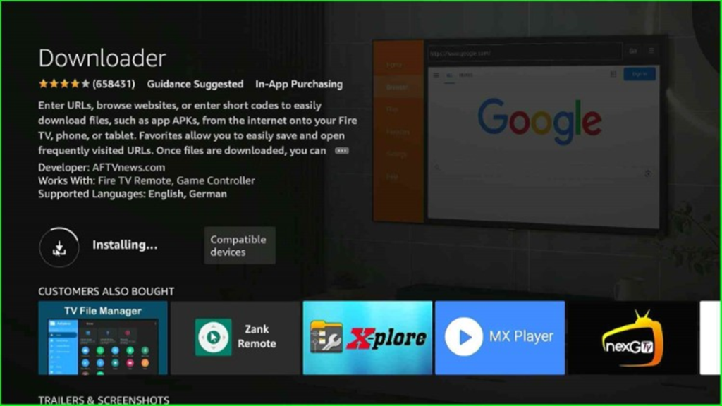 A screenshot Installing Downloader